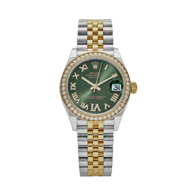 Date just ladies yellow gold green roman dial 31mm